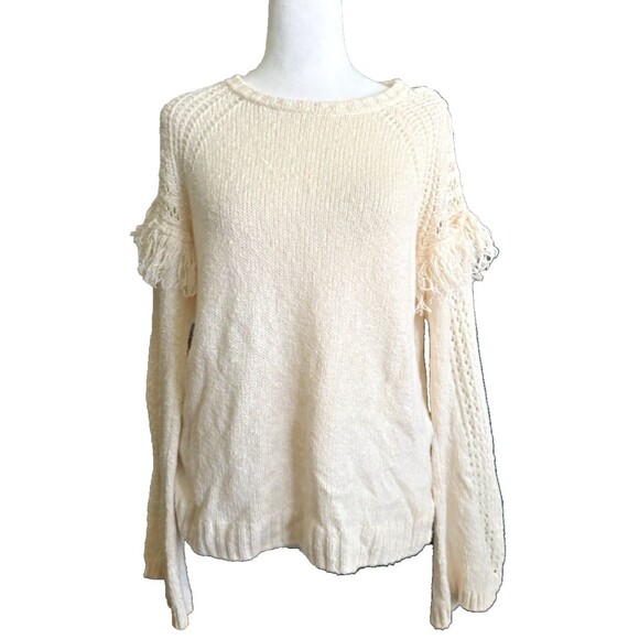 BCBG Generation Womens Off White Fringe Crewneck Pullover Sweater Size M - Picture 1 of 14